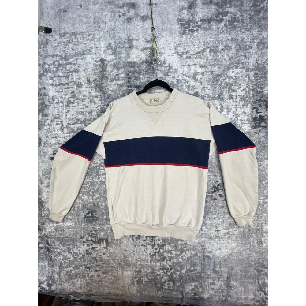 Vtg LL Bean Sweatshirt Mens L Beige Navy‎ Red Block Pullover Grandpacore Preppy